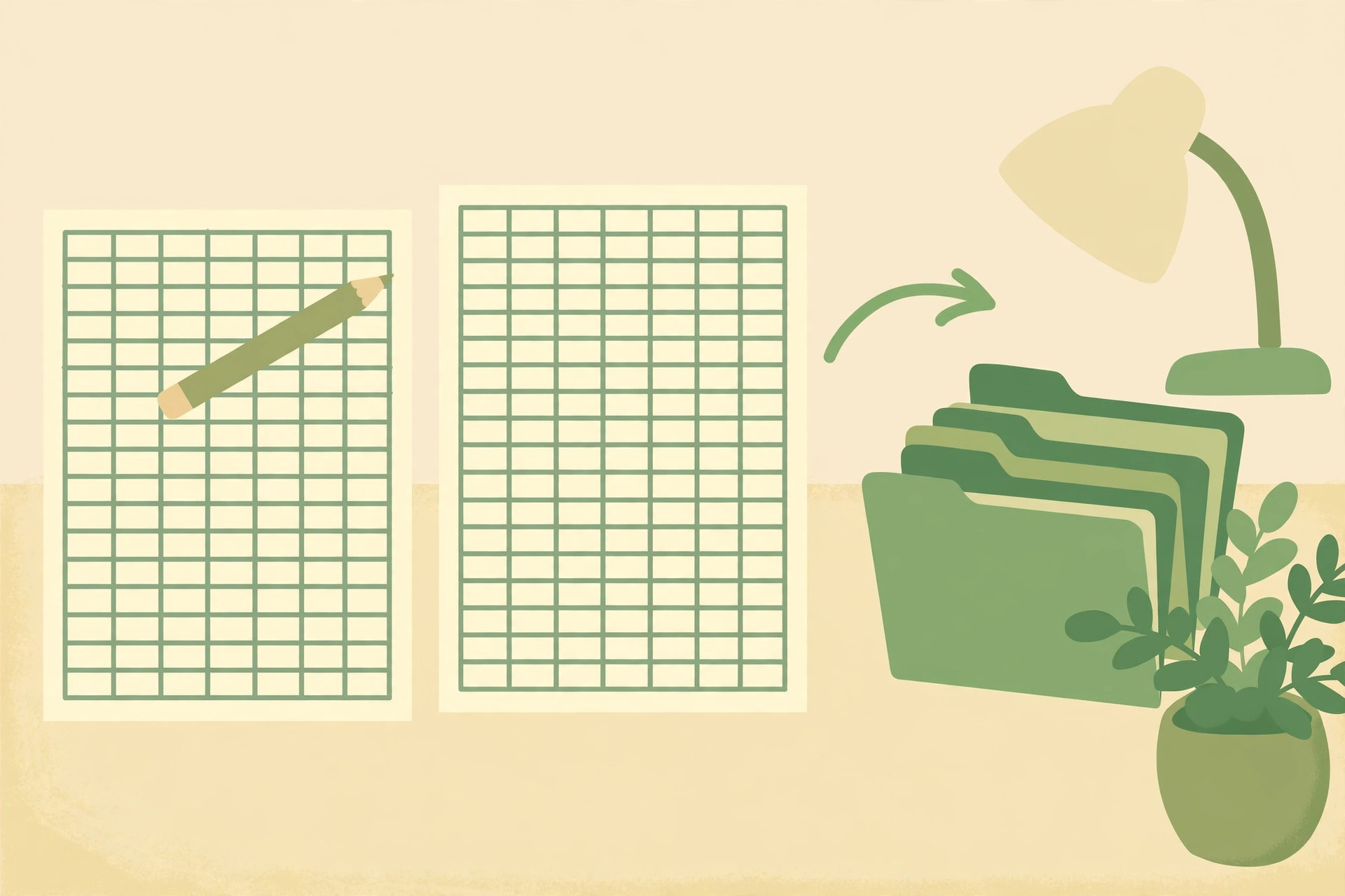 Green flat illustration of two blank grid paper sheets, a pencil, filing folders, a desk lamp and a plant