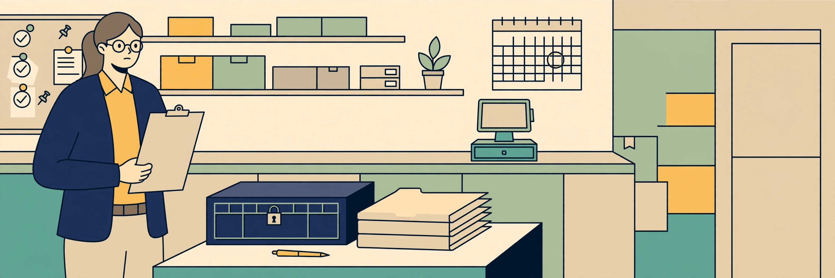 A manager with a clipboard beside a locked cash box and a stack of folders in a store back office