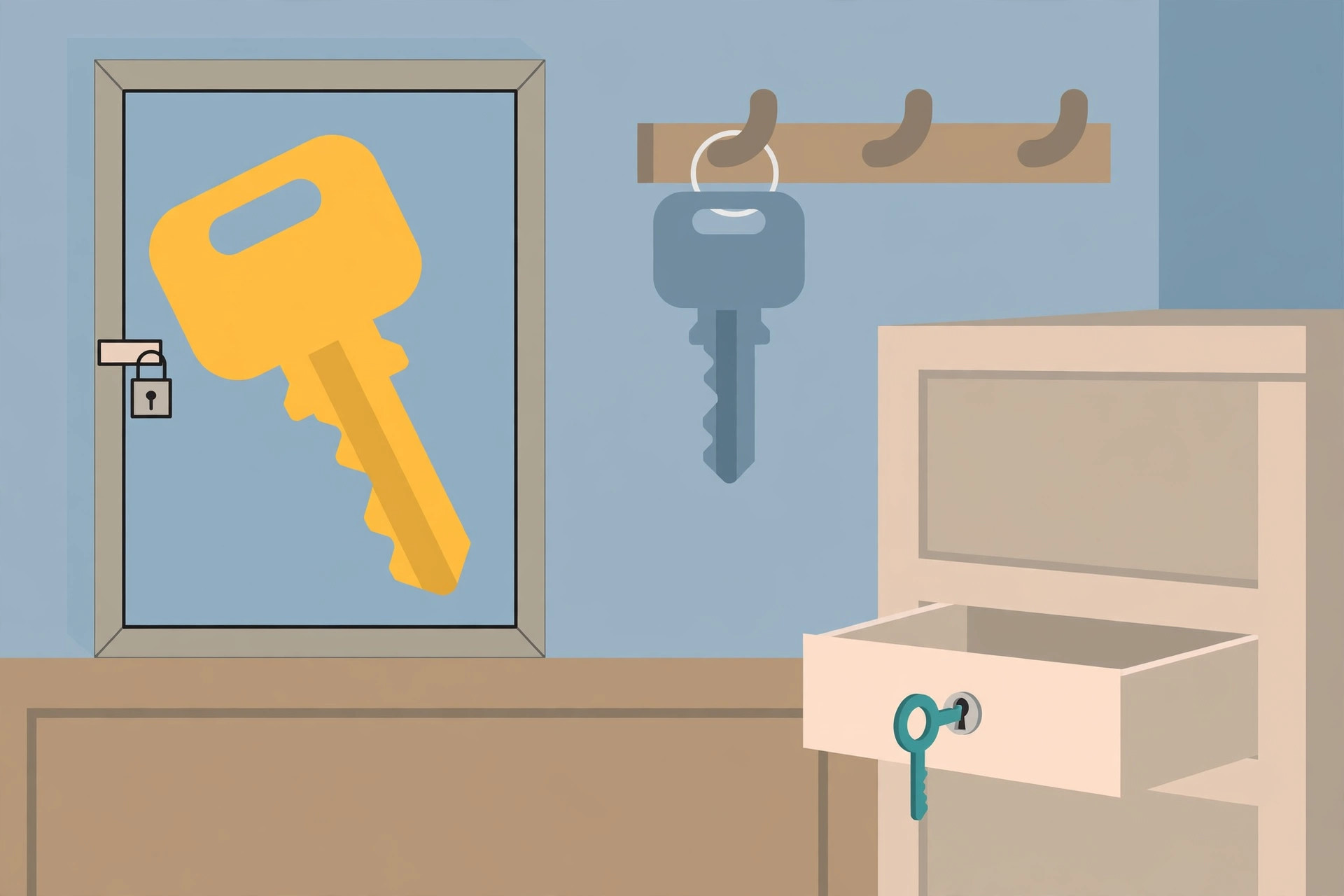 A large key locked behind glass, a medium key on a hook, and a small key opening a single drawer