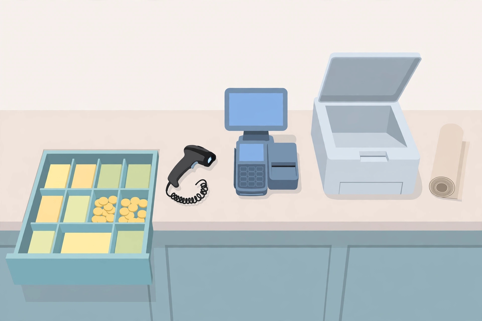 Checkout counter with an open cash drawer tray, barcode scanner, payment terminal and a receipt paper roll