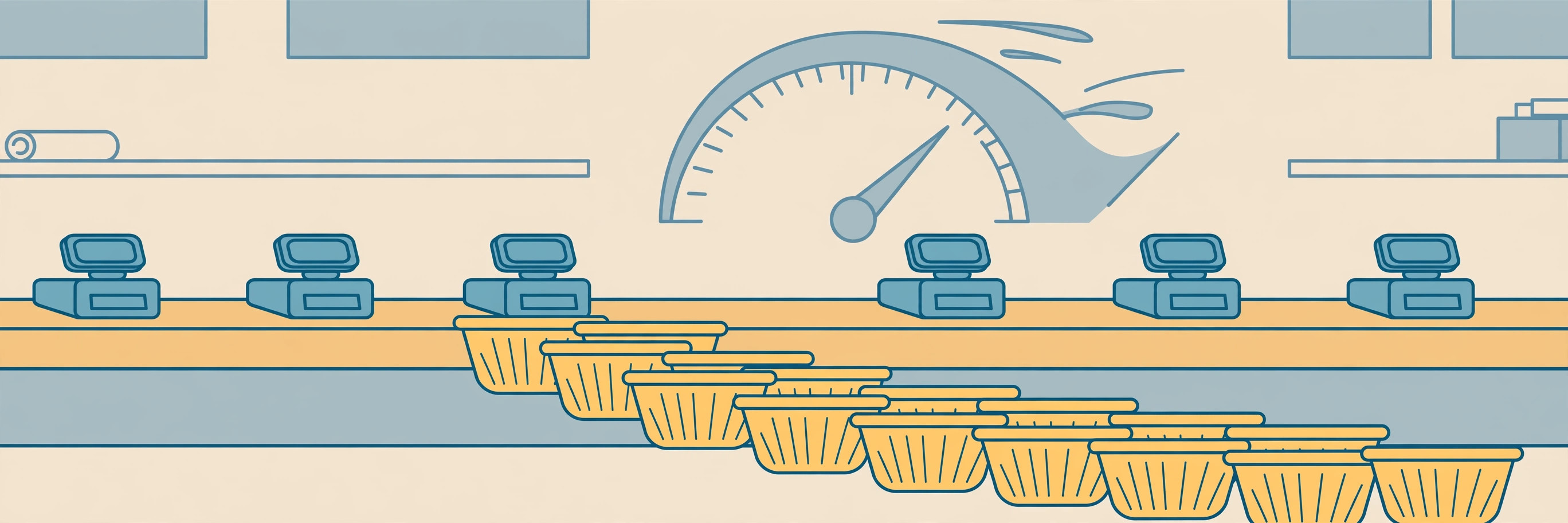 Flat illustration of a checkout lane with several registers, a queue of shopping baskets, and a large speedometer gauge