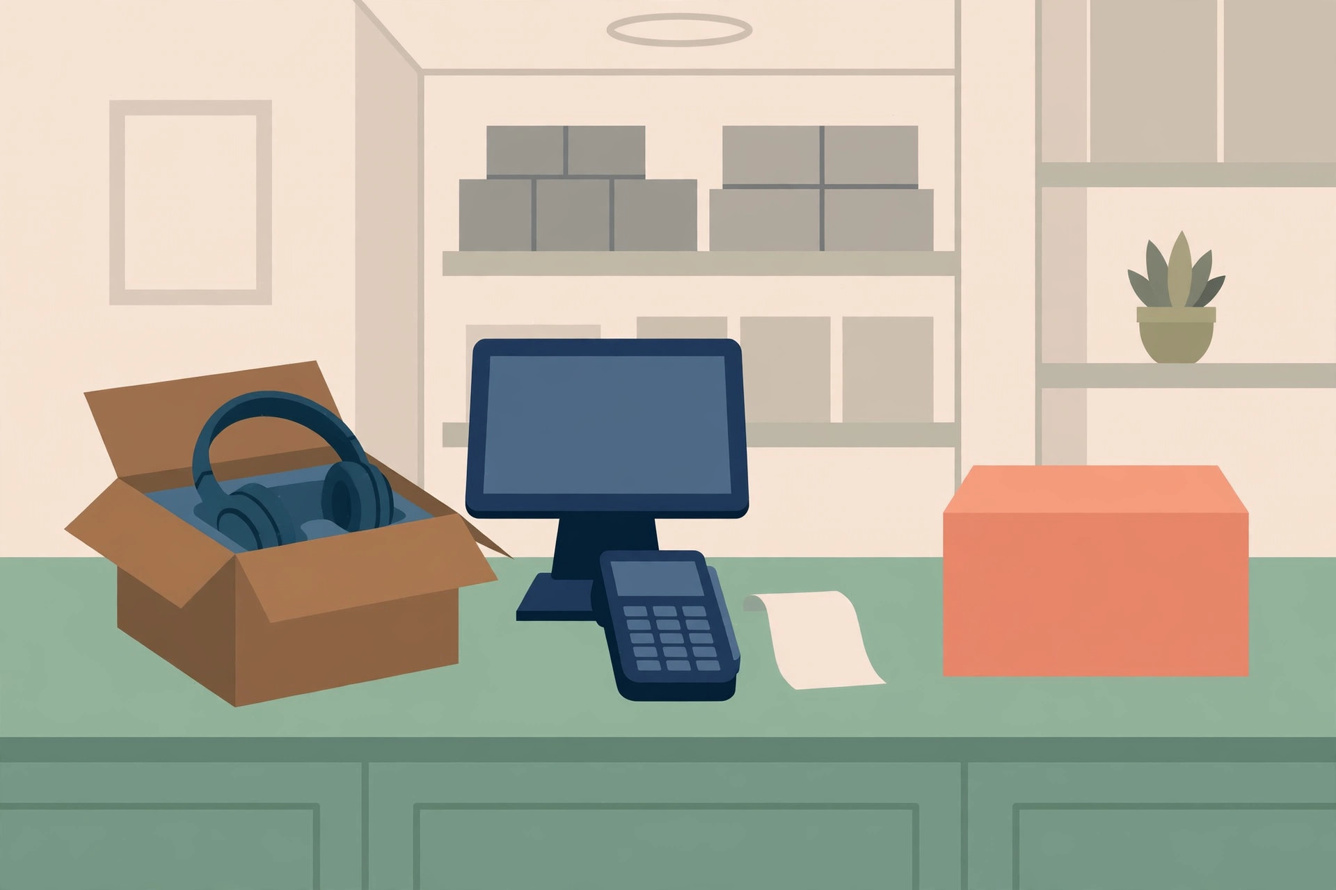 Returns counter with an open box of headphones beside a POS terminal, a receipt, and a sealed replacement box