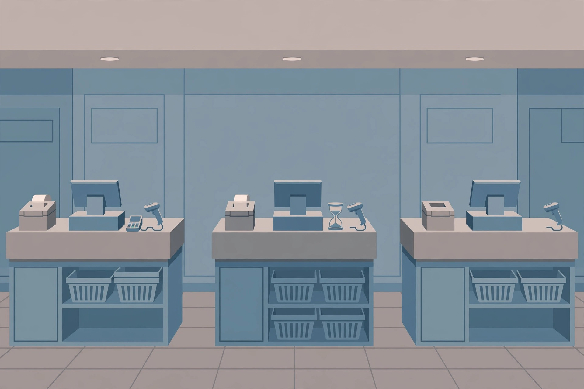 Three checkout counters with POS terminals, receipt printers and scanners, an hourglass on the middle counter