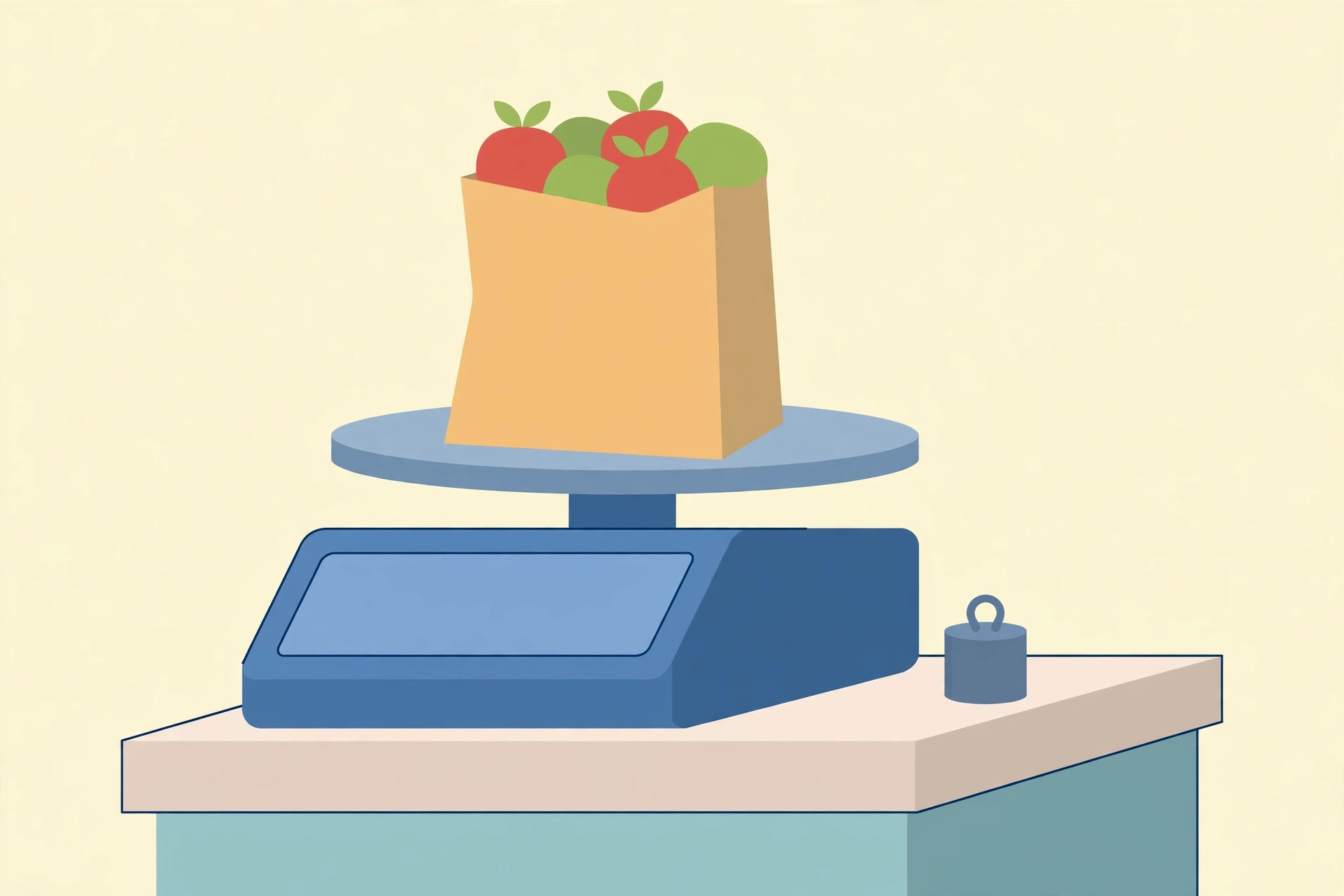 Checkout scale with a paper bag of apples on its platter and a small calibration weight beside it on the counter