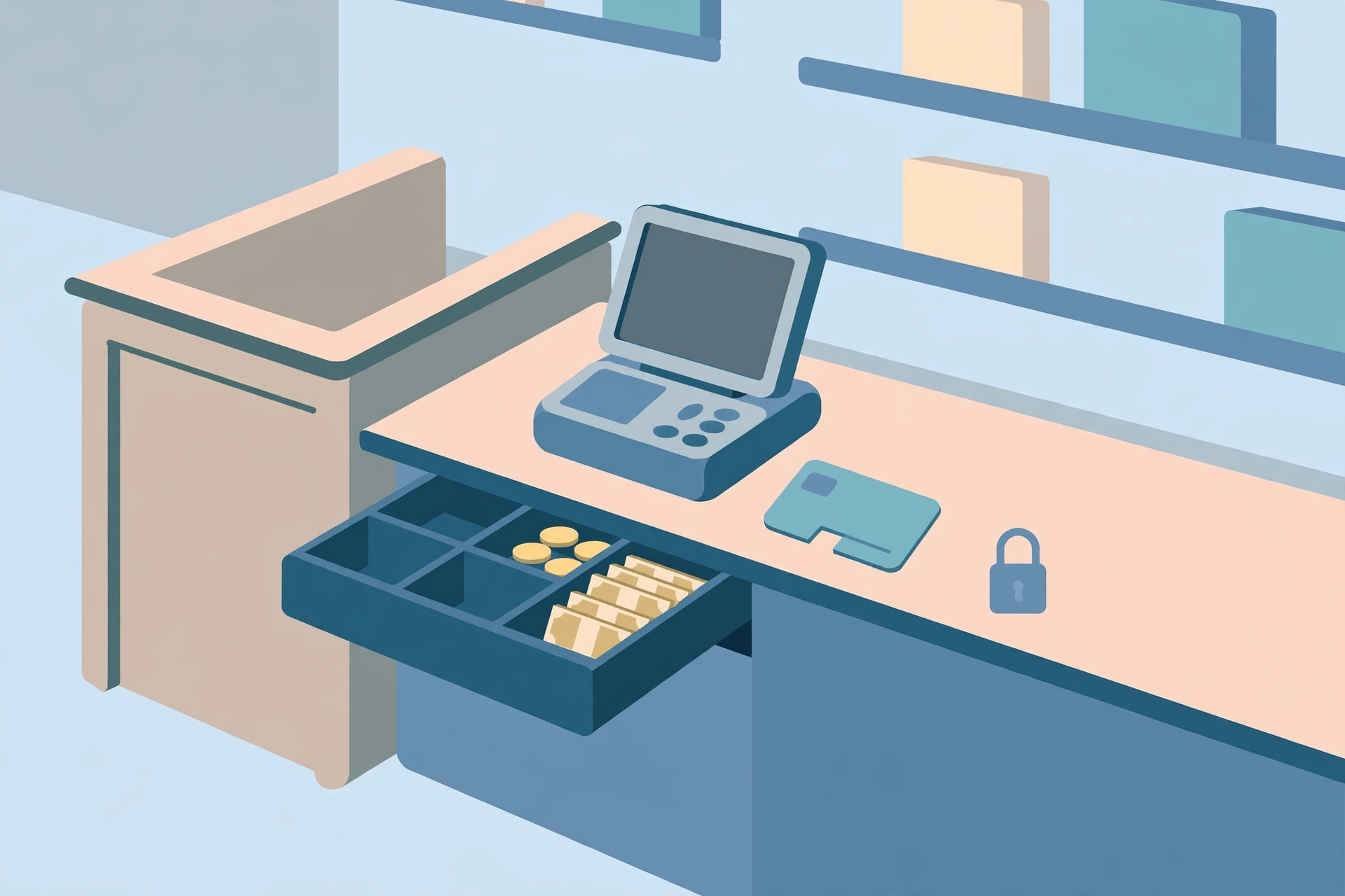 Checkout counter with a POS terminal, open cash drawer holding coins and bills, a staff card and a padlock on the counter