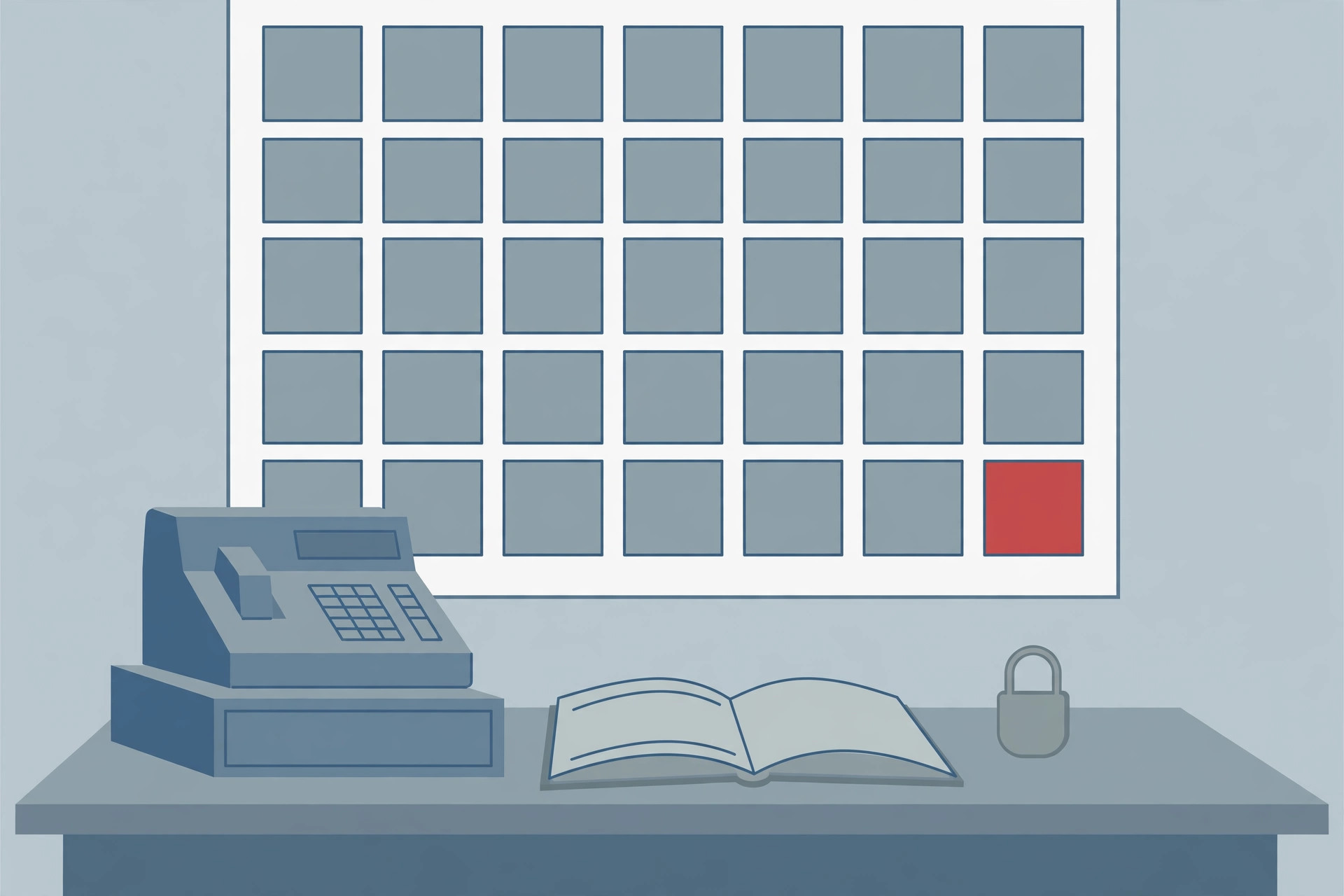 Wall calendar grid with one red day square above a desk holding a cash register, an open ledger, and a padlock