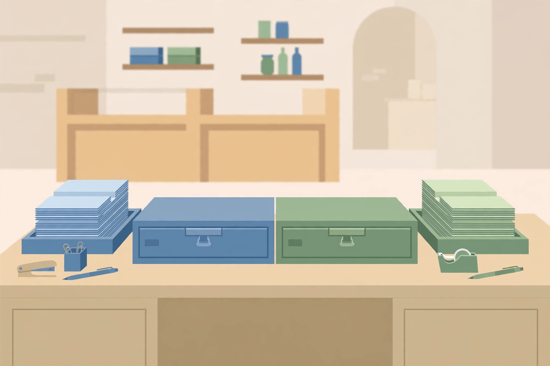 Back office desk with a blue cash drawer and blue receipt stack beside a green cash drawer and green receipt stack