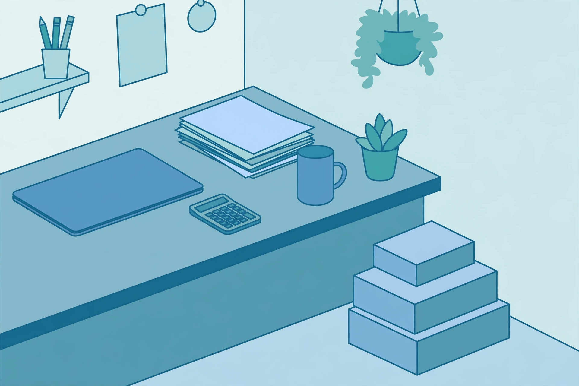 Blue flat illustration of an analyst desk with a closed laptop, paper reports, calculator, mug and stacked boxes