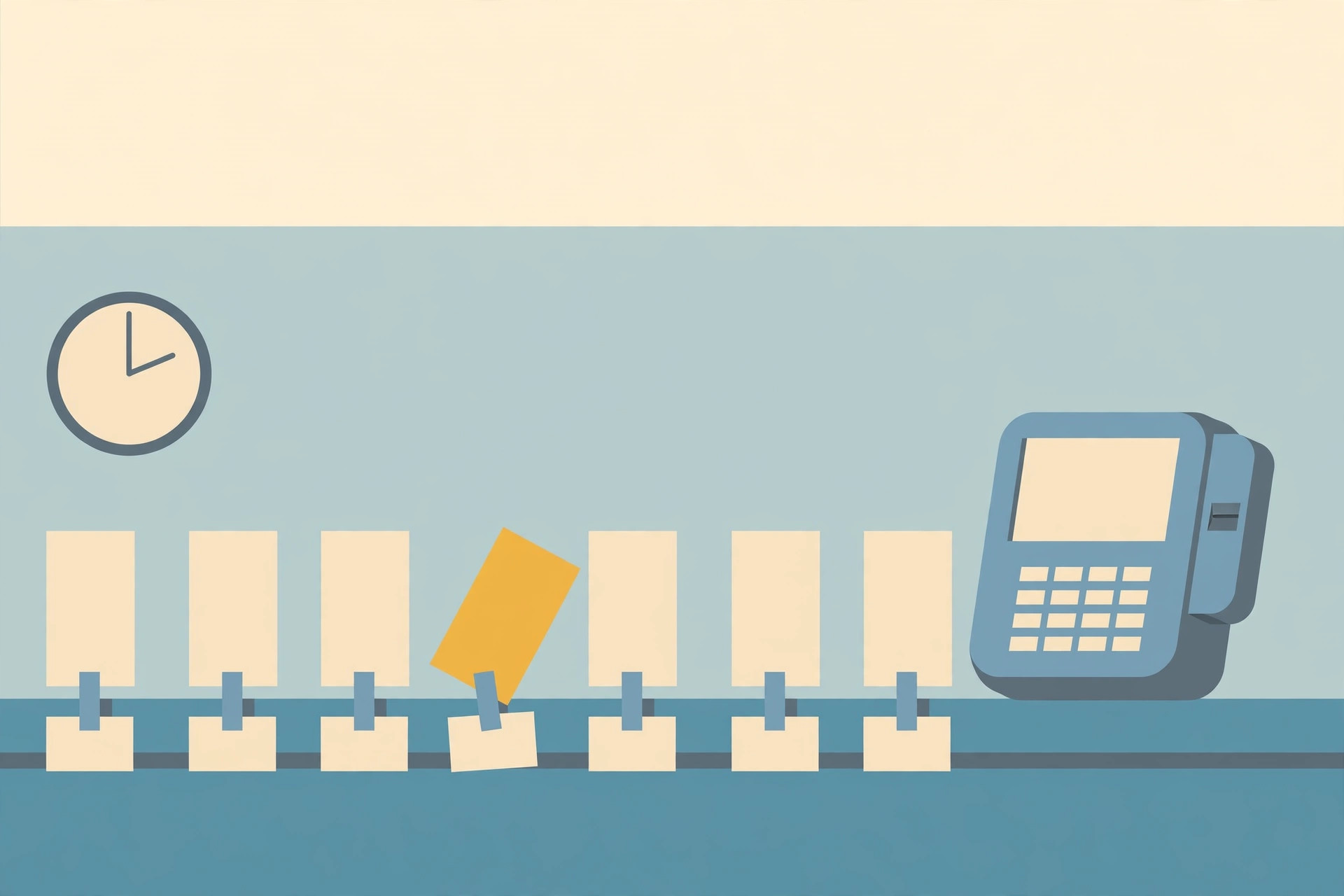 Flat illustration of blank shelf price tags in a row, one tilted orange tag, a wall clock, and a POS terminal