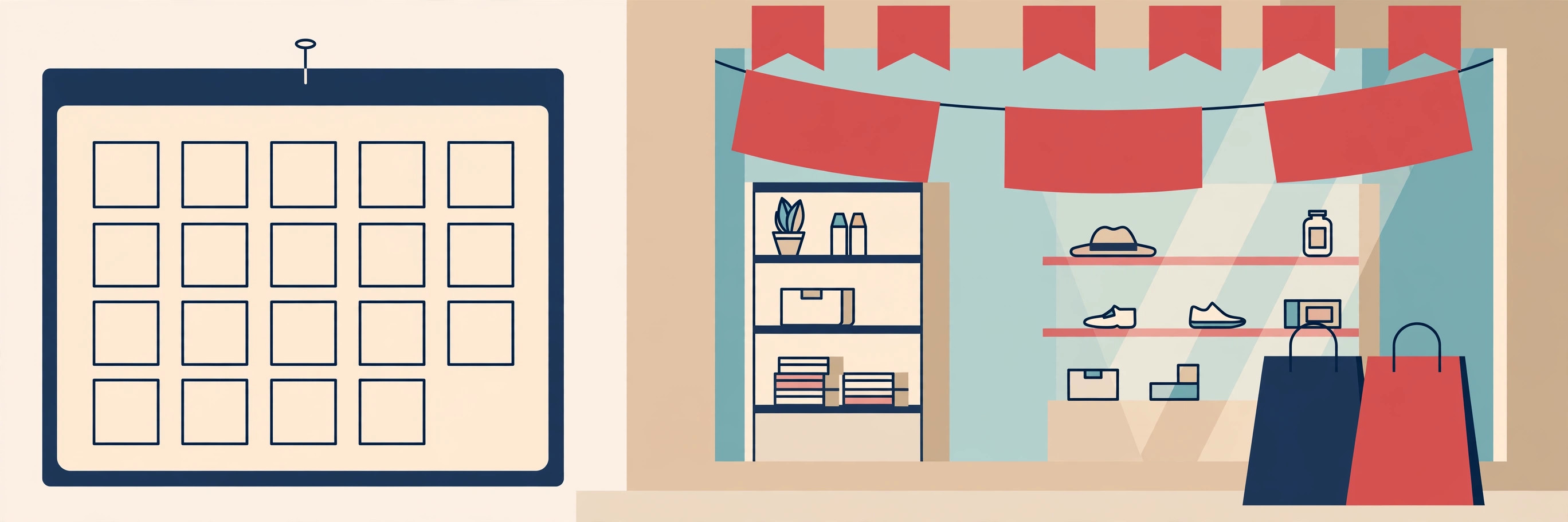 Blank calendar page beside a shop window with red sale banners and shopping bags