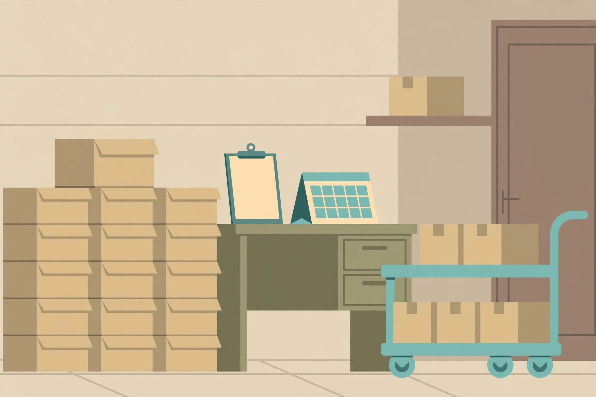 Stacked delivery boxes beside a desk with a blank clipboard and desk calendar, with a loaded delivery cart
