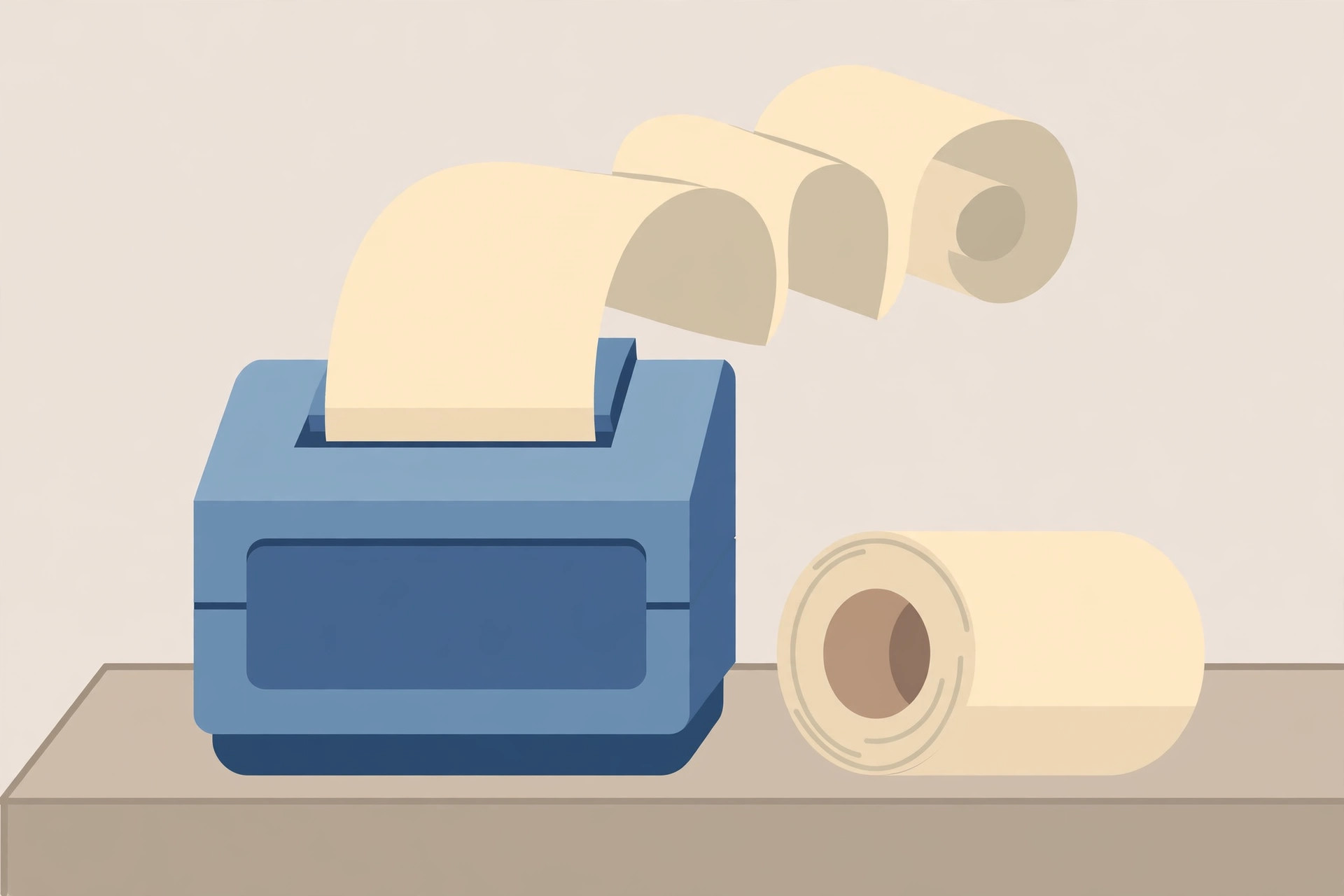 Receipt printer feeding out a long blank sheet of paper, with a spare paper roll beside it