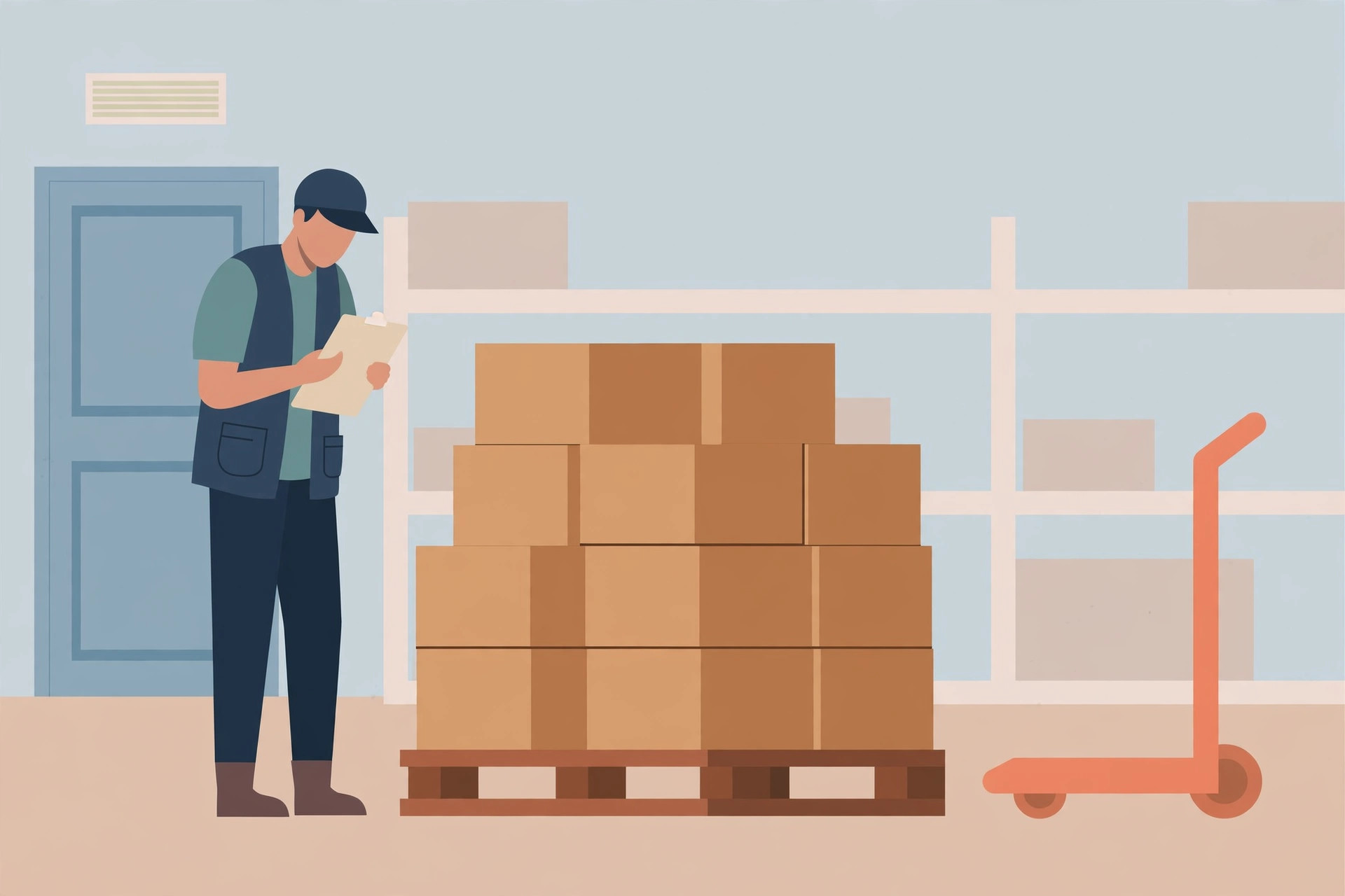 Store worker with a clipboard checking a pallet of delivered cardboard boxes beside a hand trolley