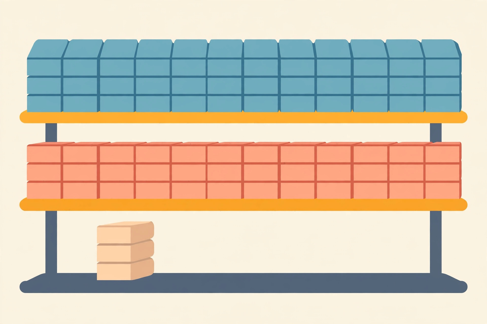 Two full shelves of stacked boxes in blue and coral above a small stack of three spare boxes on the floor