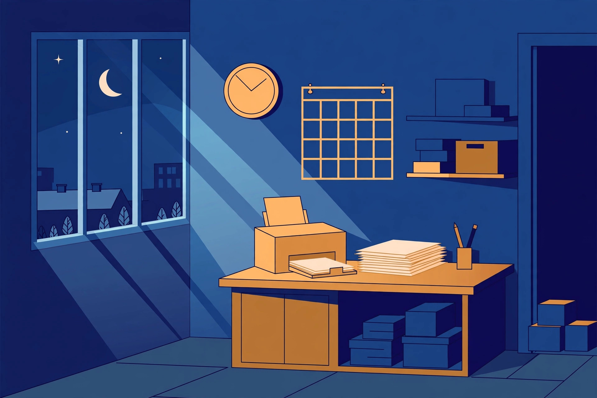 Flat illustration of a quiet back office at night with a printer, a stack of printed pages, a wall clock and a blank calendar