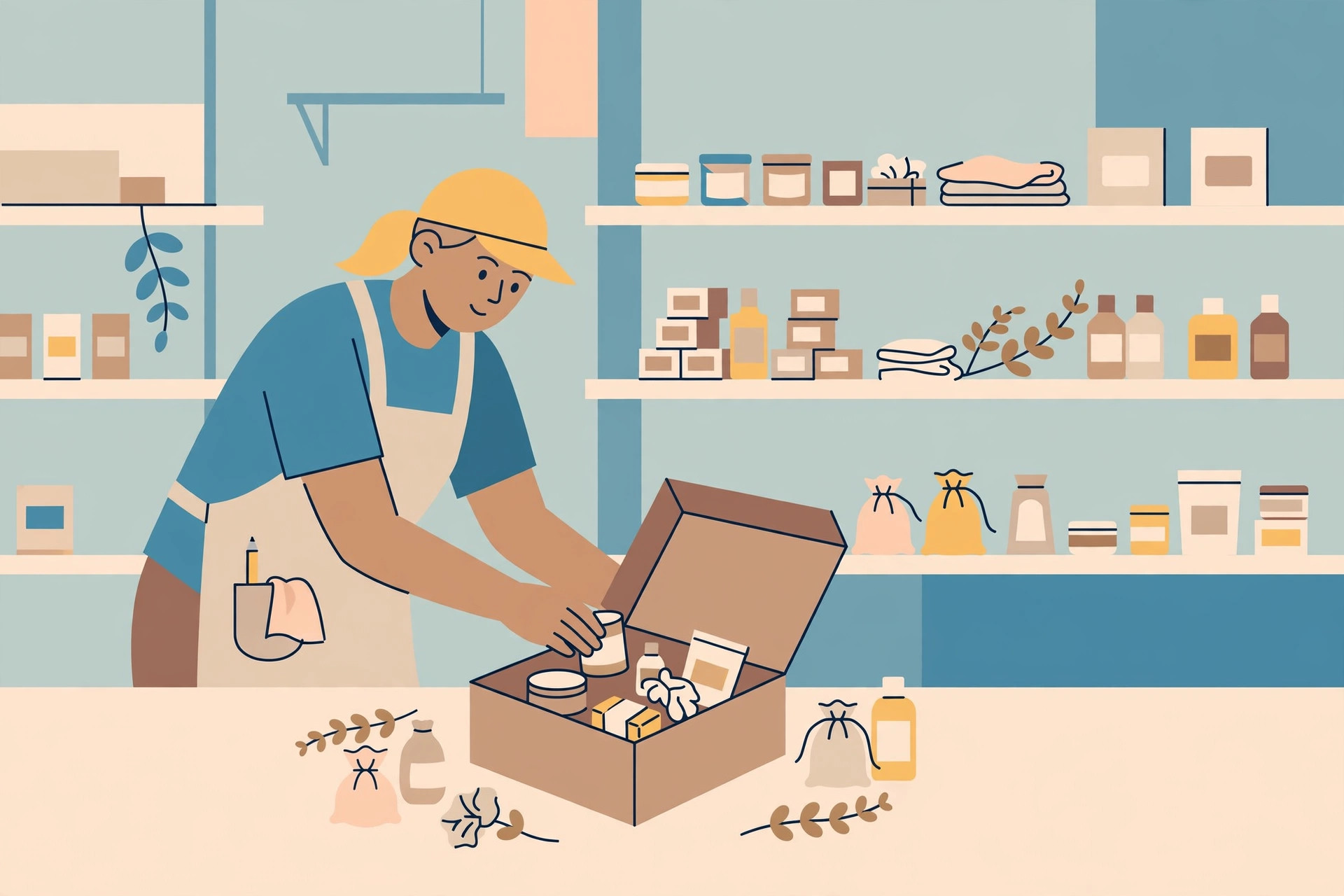 Retail worker placing small unbranded jars and bottles into an open gift box on a store counter