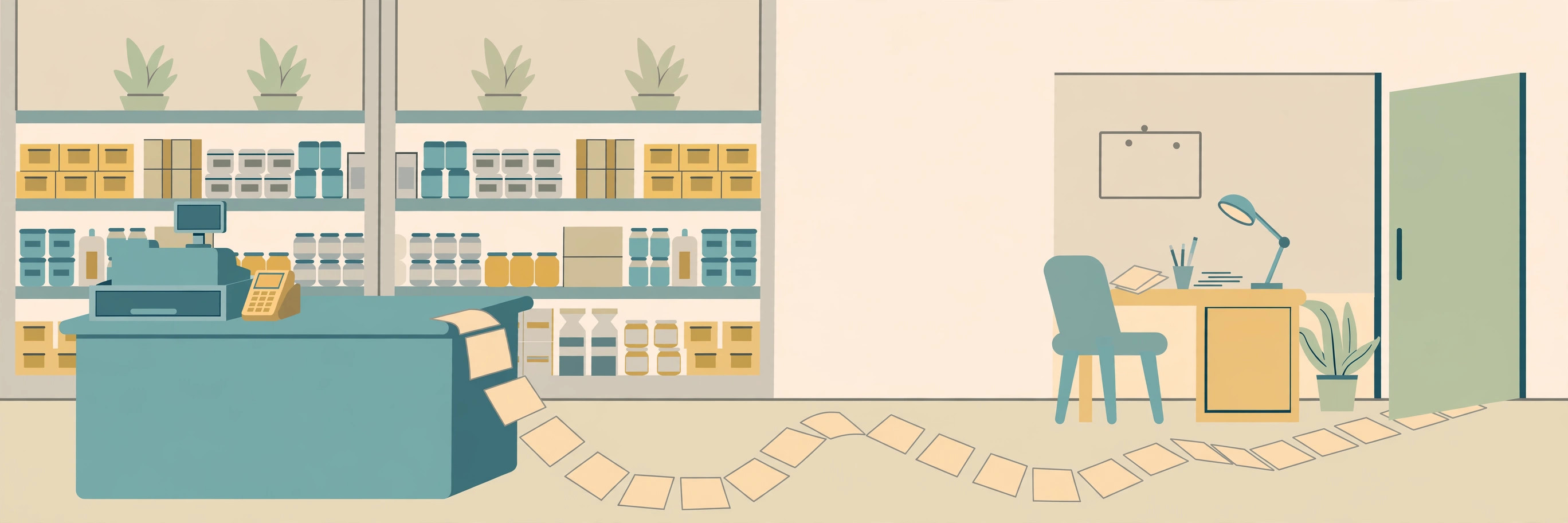 Checkout counter with a till and stocked shelves, blank receipts trailing across the floor to a back-office desk
