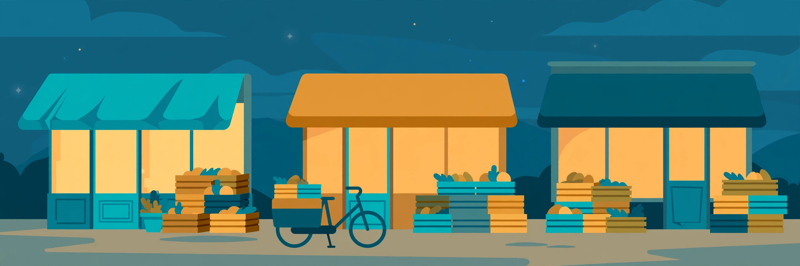 Row of three small shops with different coloured awnings, crates of goods outside, and a delivery bicycle at dusk
