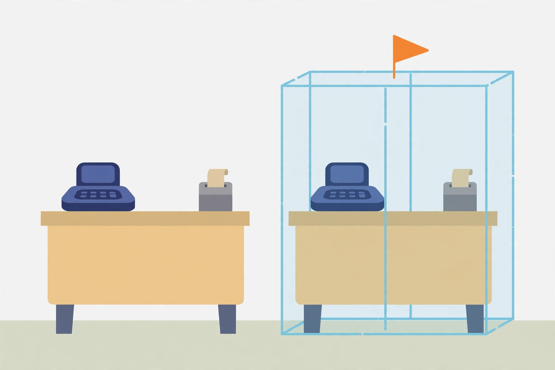 Two matching checkout counters with registers and receipt printers, one enclosed in a glass test box with a flag