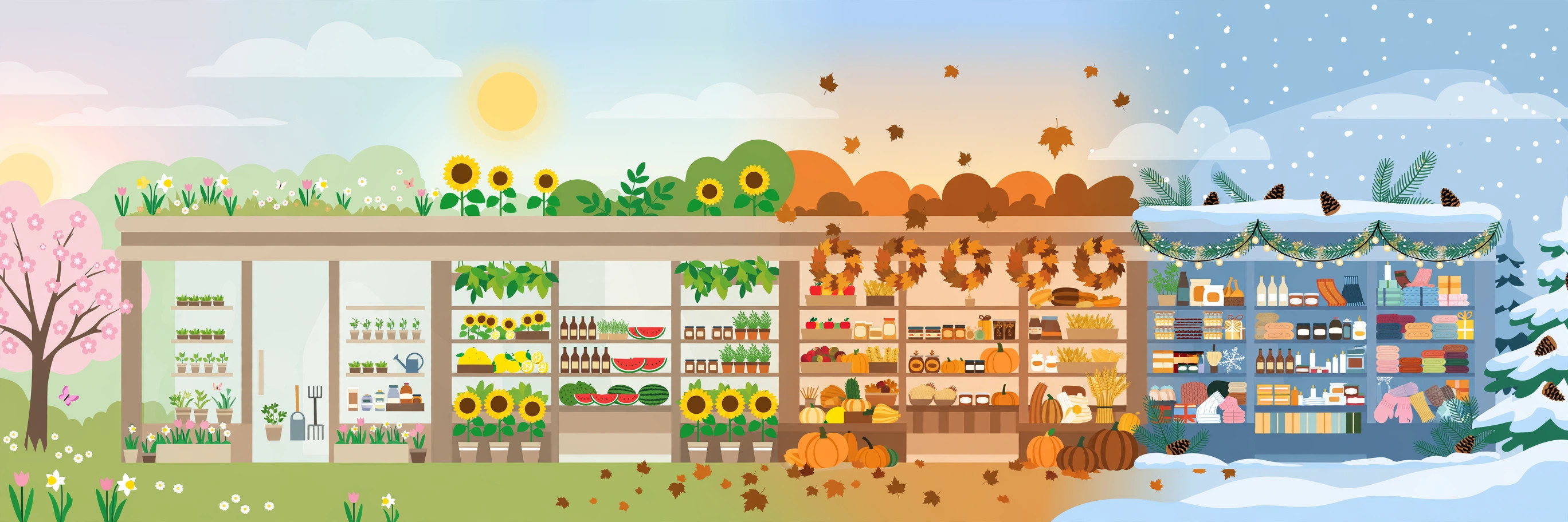 One long shopfront changing across the seasons, spring blossom and sunflowers giving way to pumpkins, then snow