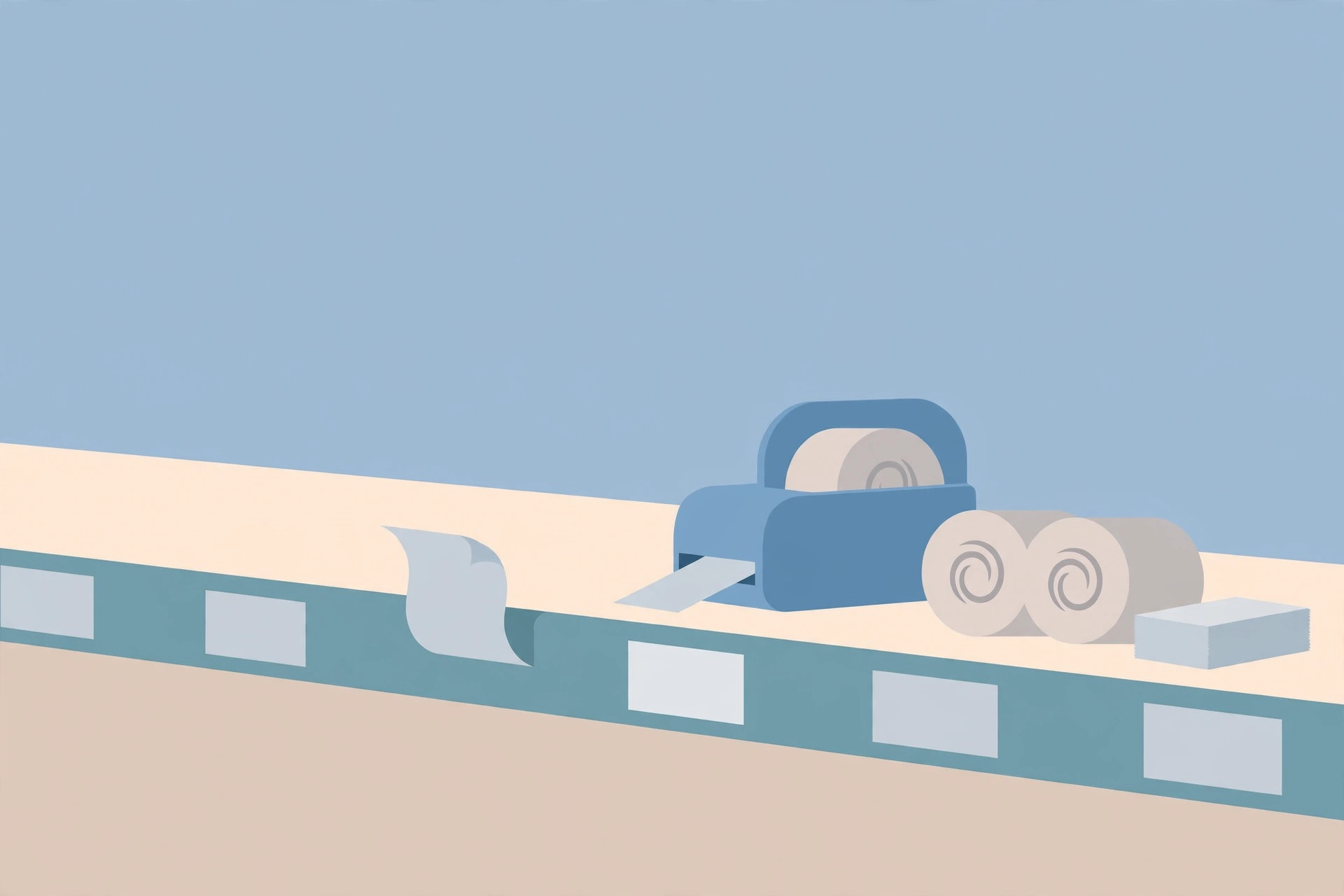 Flat illustration of a store shelf edge with blank labels, a label printer feeding out a label, and spare label rolls