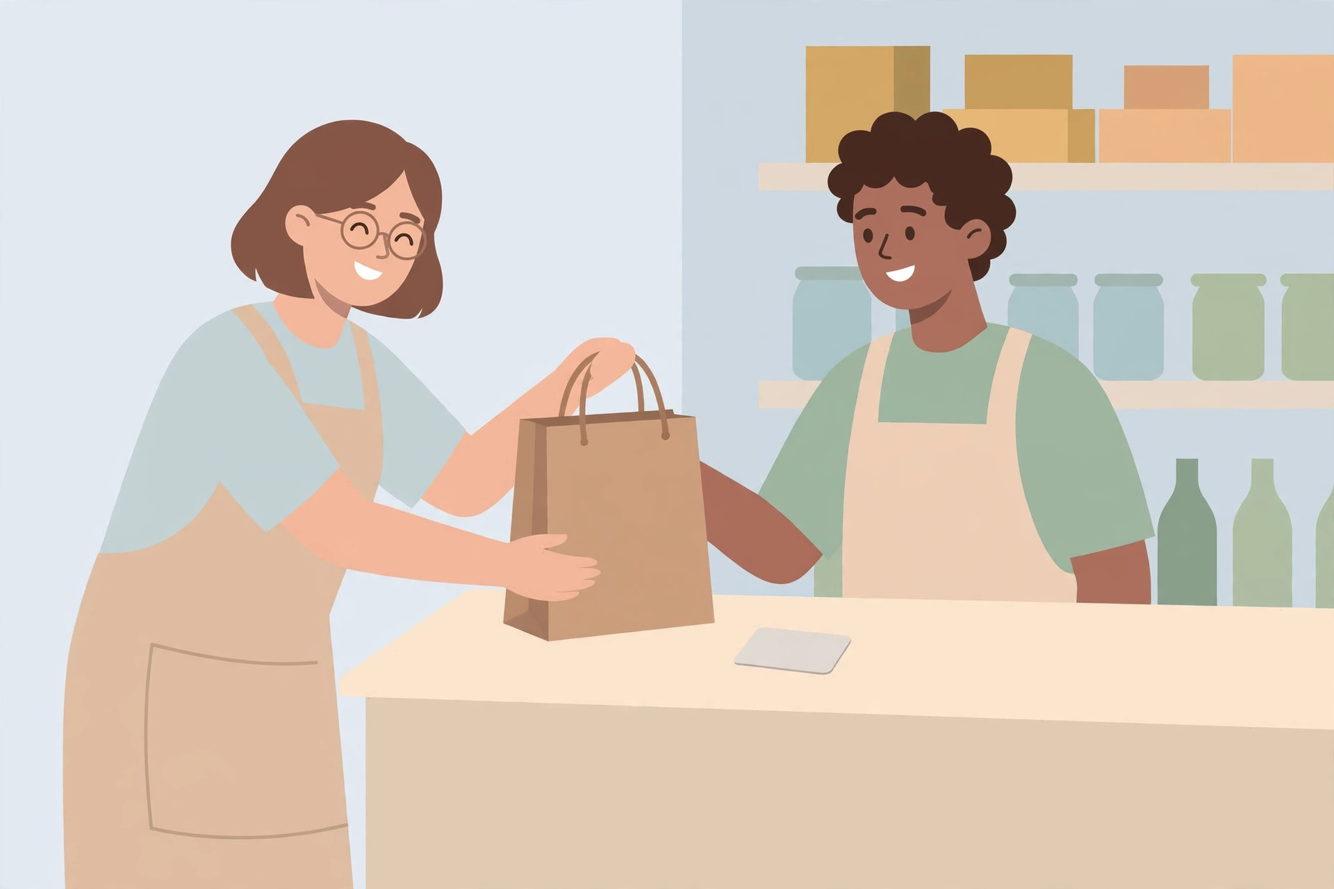 A staff member in an apron handing a paper shopping bag to a colleague behind a store counter