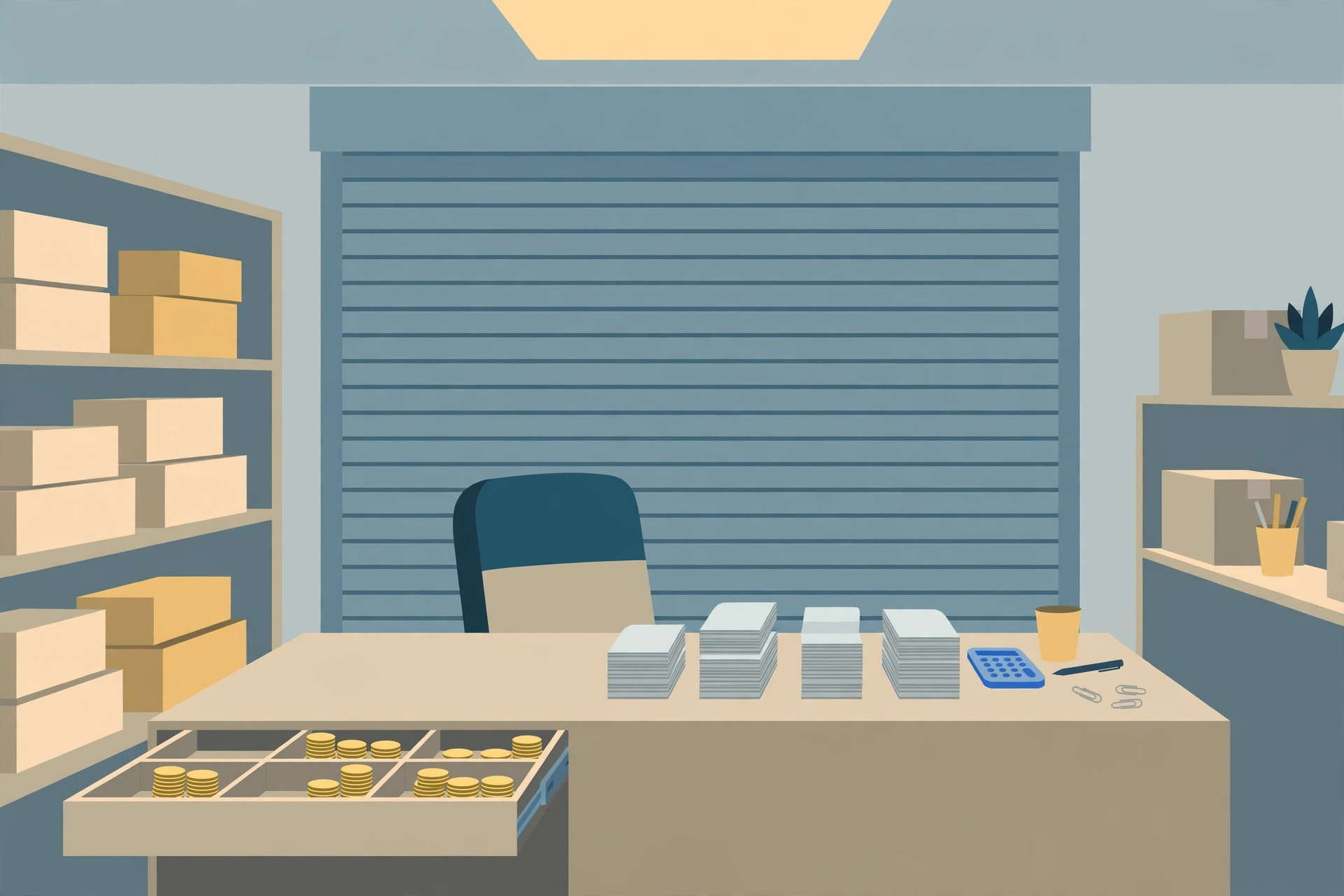 Back office desk with receipt stacks and an open coin drawer in front of a closed shop shutter