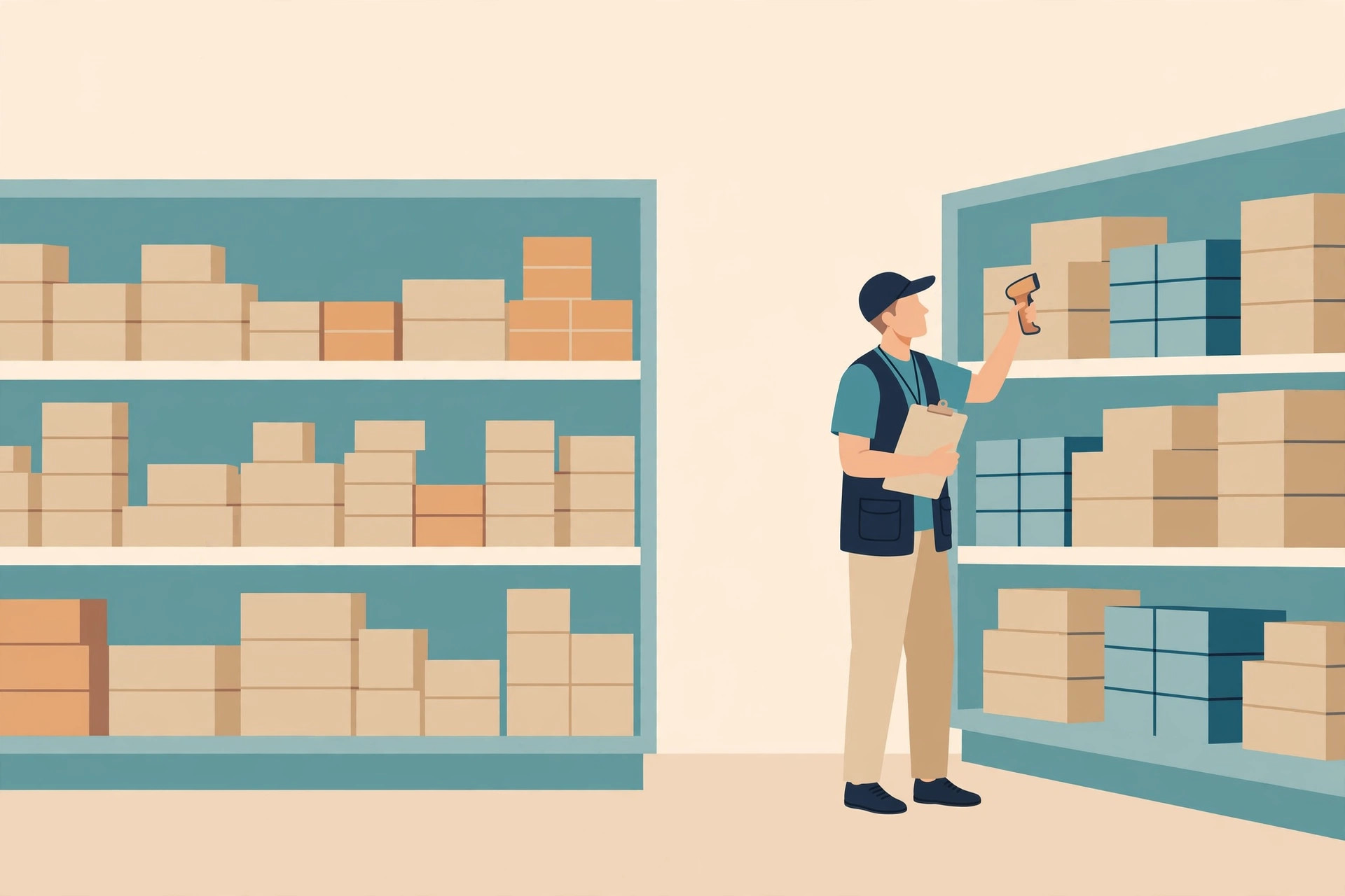 Store worker with a clipboard and handheld scanner counting boxed stock on tall retail shelves