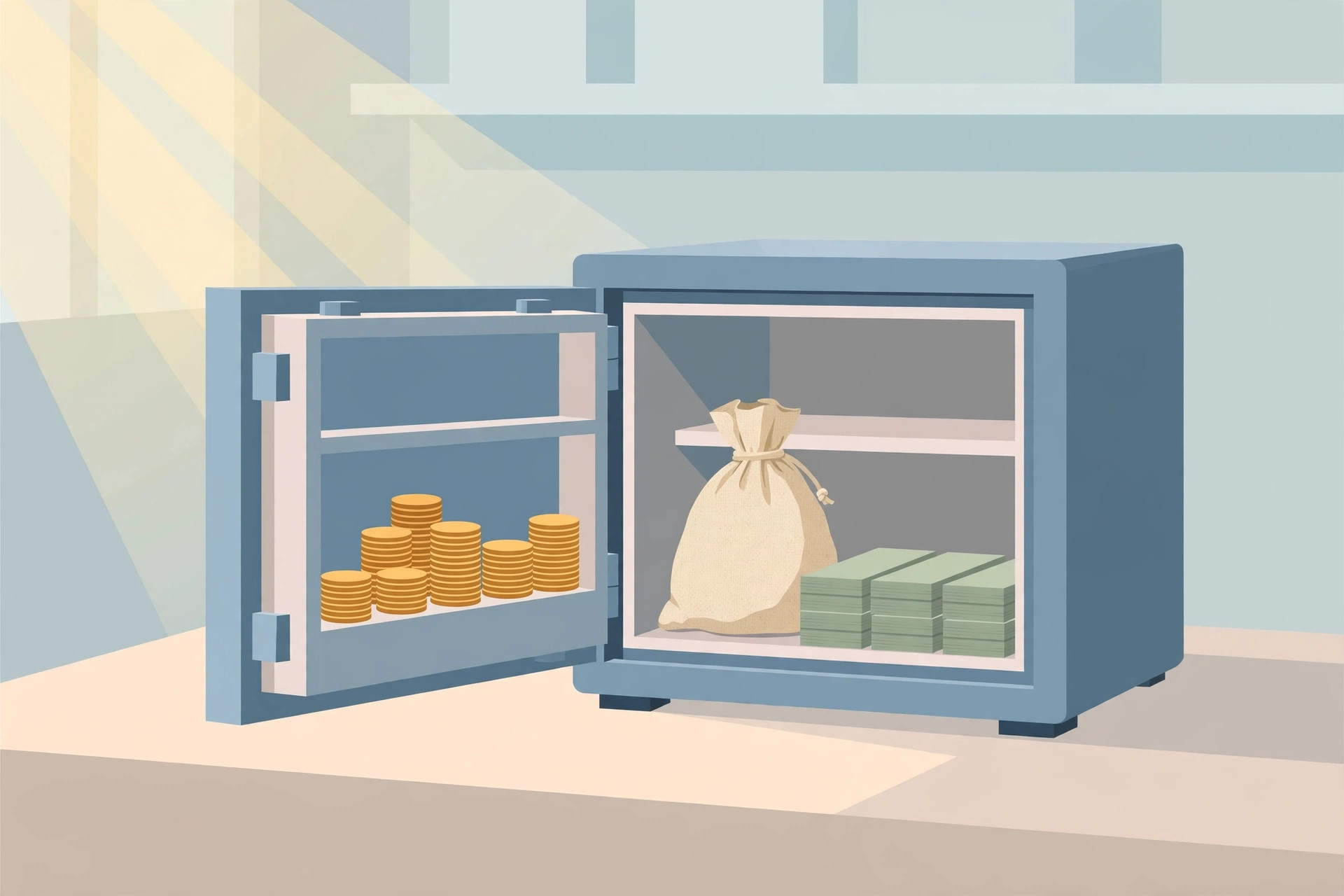 Open store safe holding a tied money bag, coin stacks and bill bundles in morning light