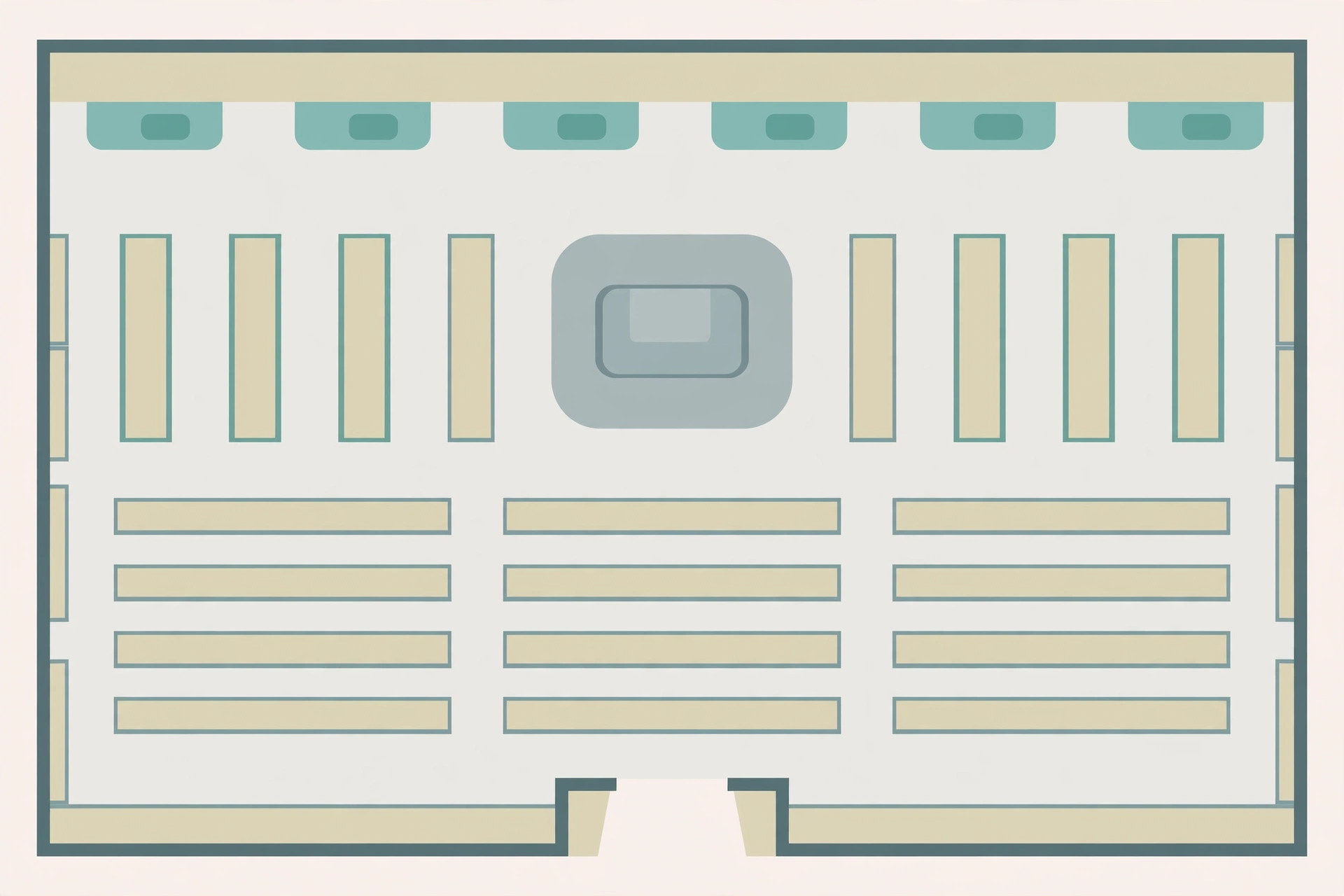 Top-down retail store floor plan with checkout counters along the top wall, shelving aisles and a central service area