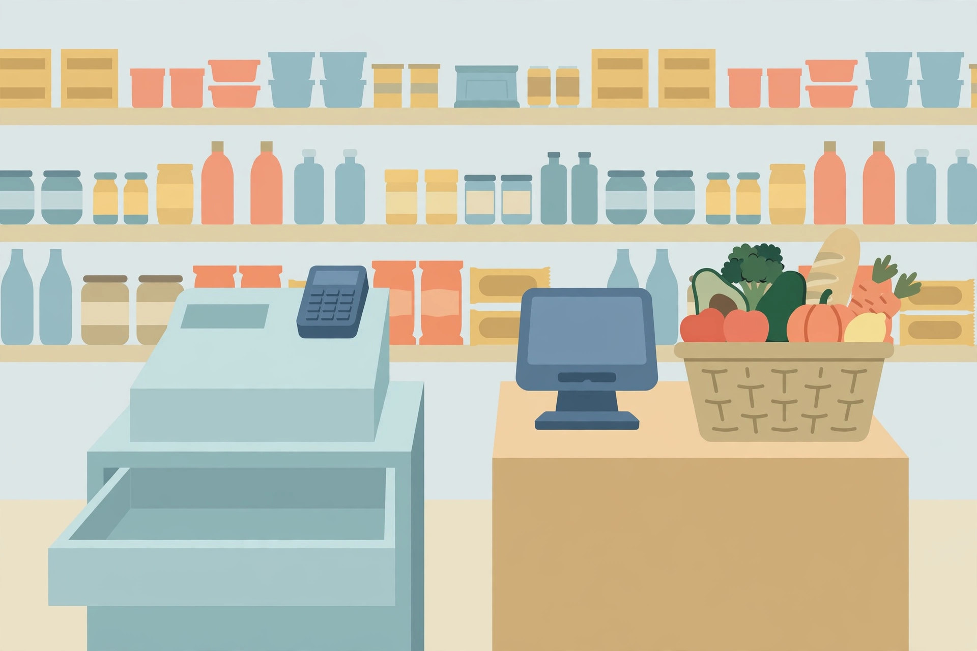 Checkout with a cash register, POS monitor, and a full grocery basket on a side counter, stocked shelves behind