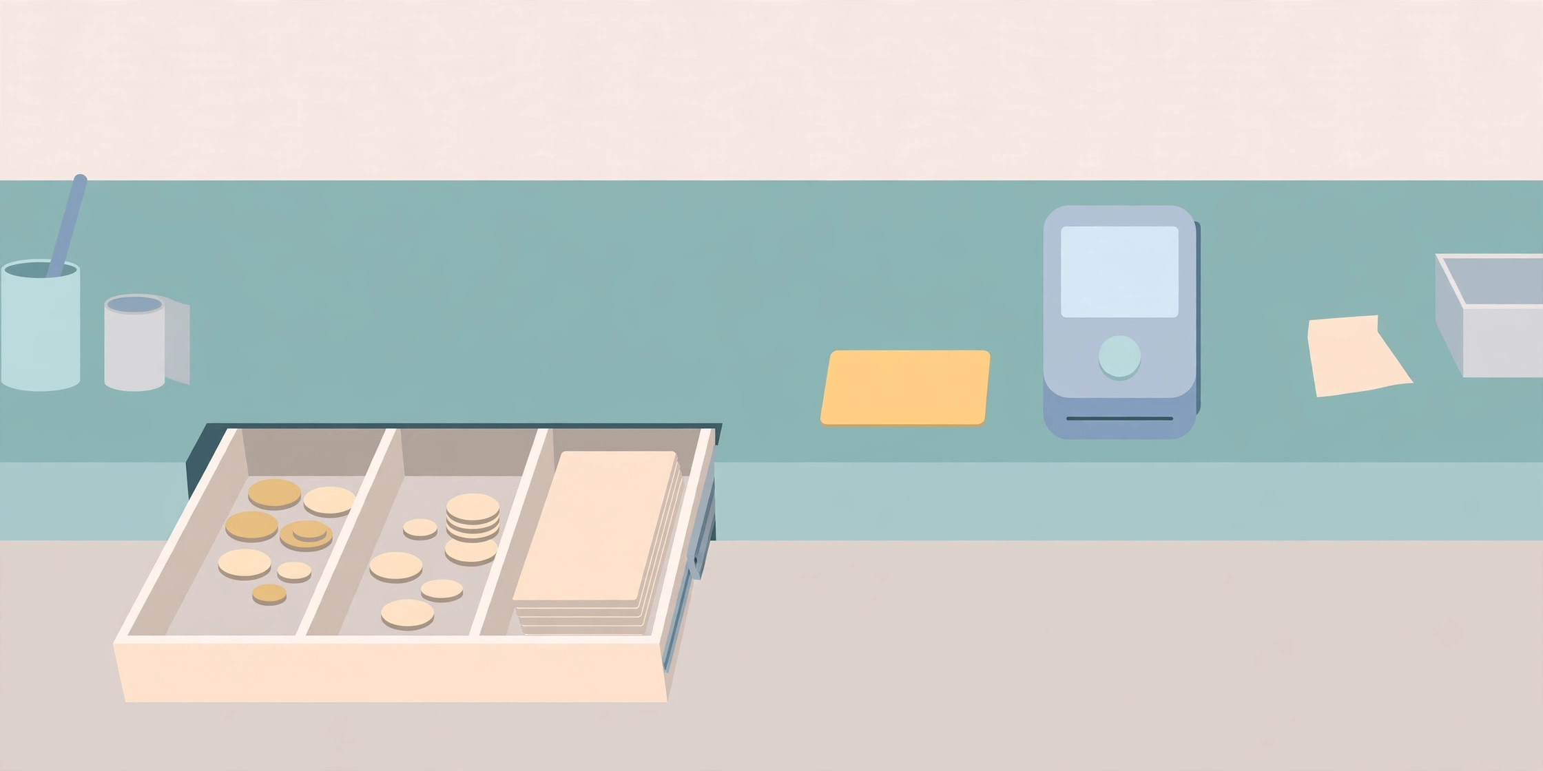 Open cash drawer with plain coins and blank bills, a plain yellow card, and a card terminal with a blank screen