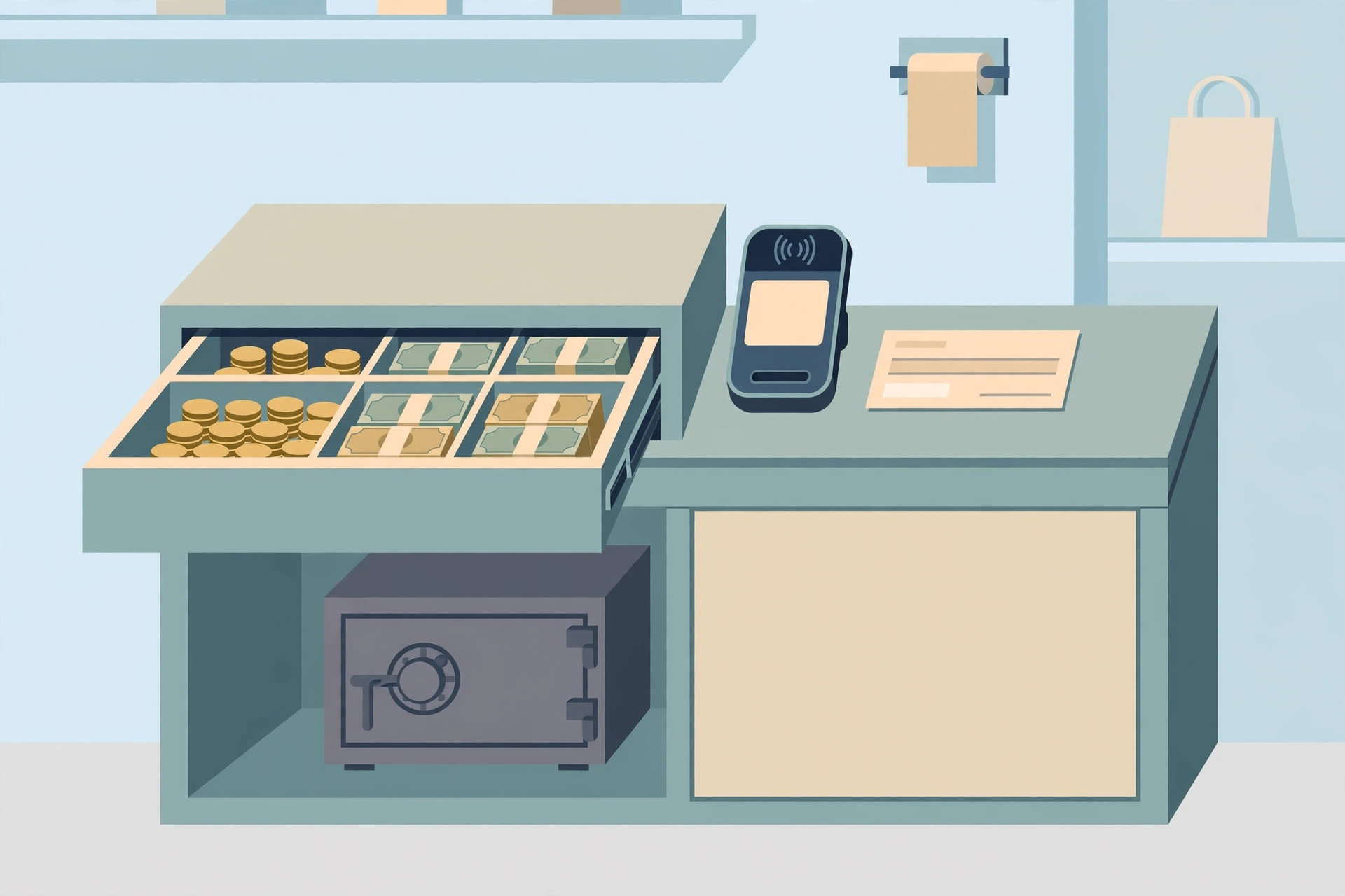 Checkout counter with an open cash drawer of coins and notes, a card reader, a cheque and a safe underneath