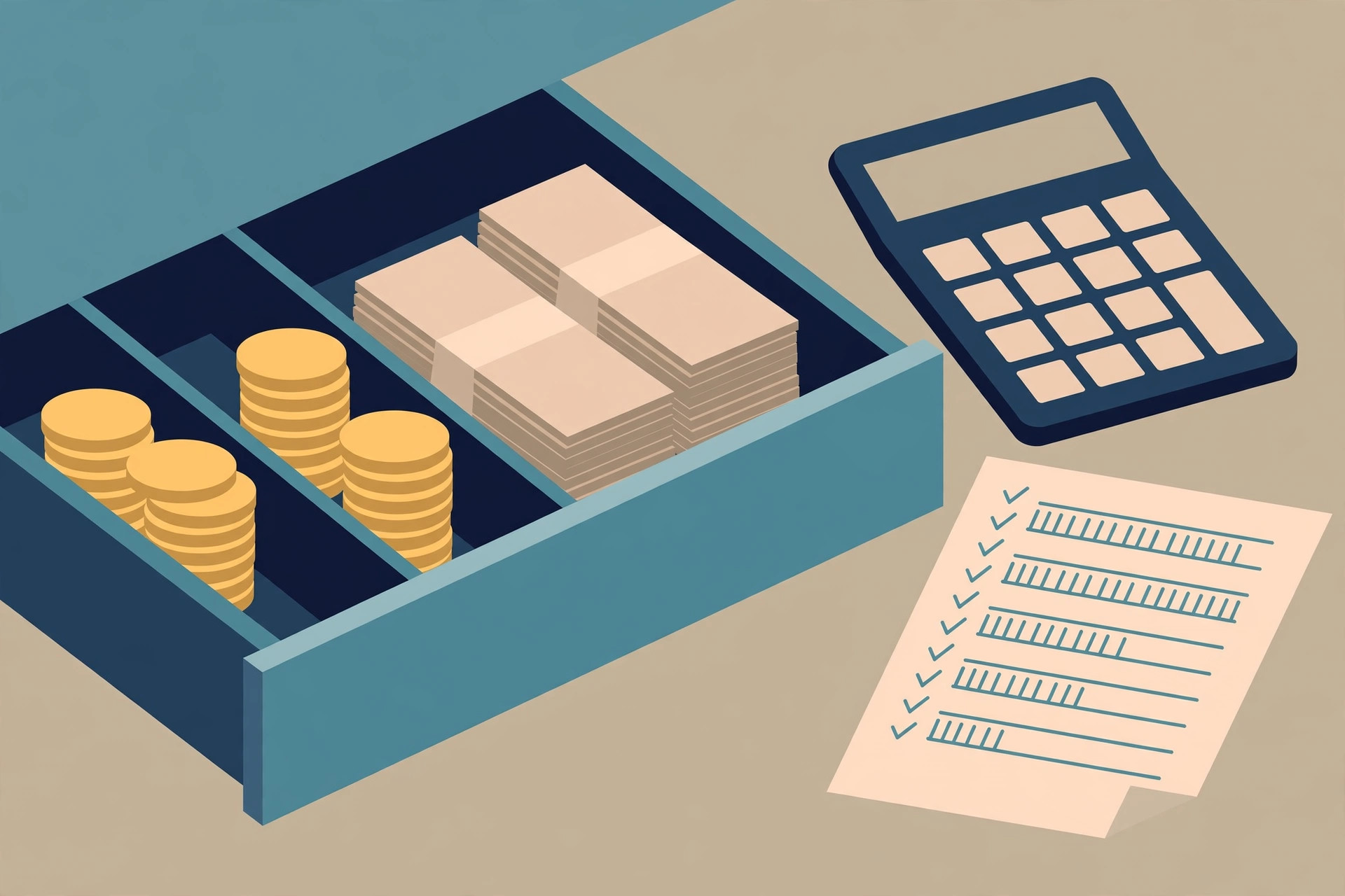 Open cash drawer with coin stacks and bill bundles beside a calculator and a checked count sheet