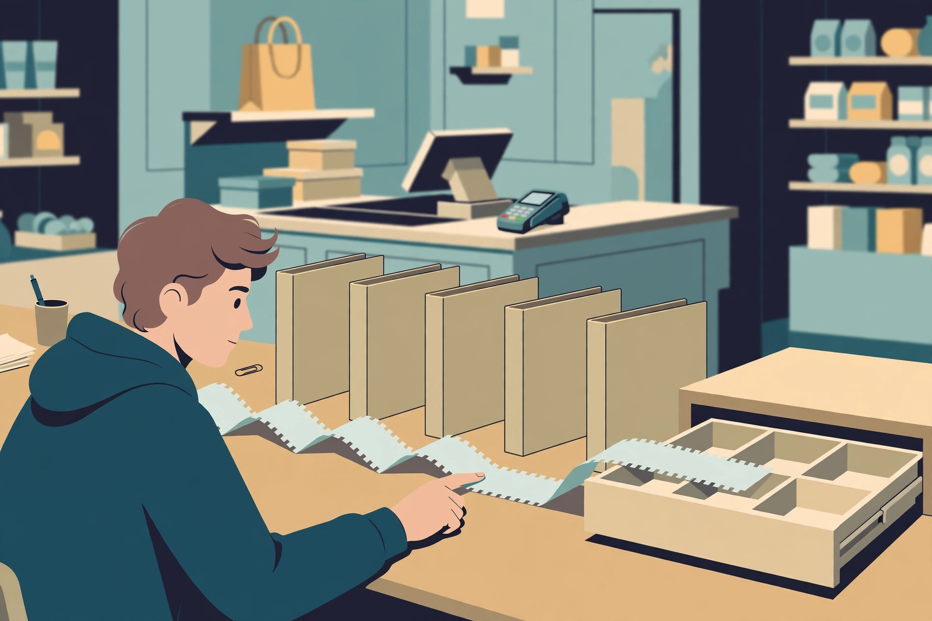 A person tracing a long paper receipt across a desk past plain folders toward an open cash drawer