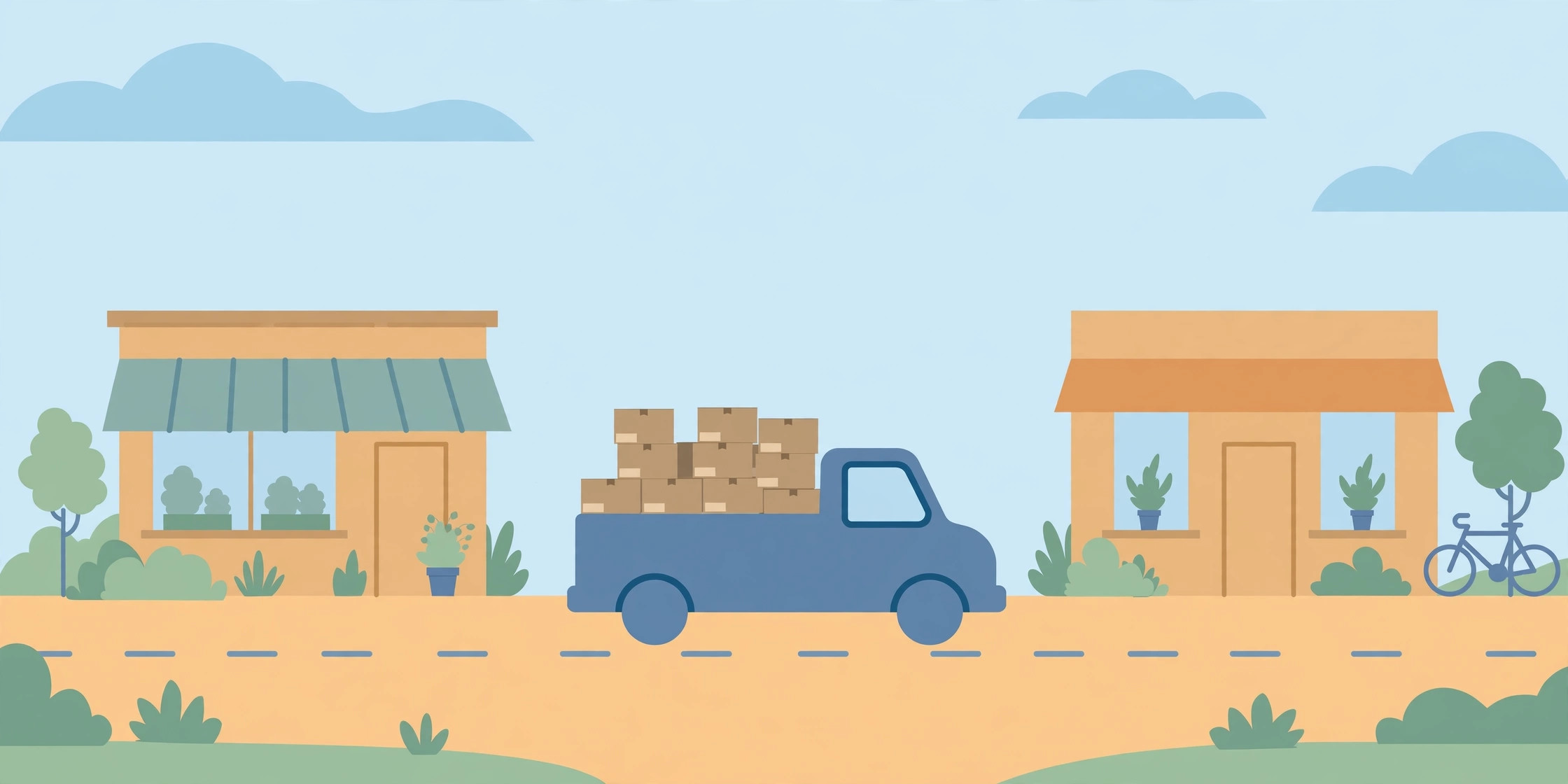 Delivery truck loaded with cardboard boxes driving between two small retail storefronts