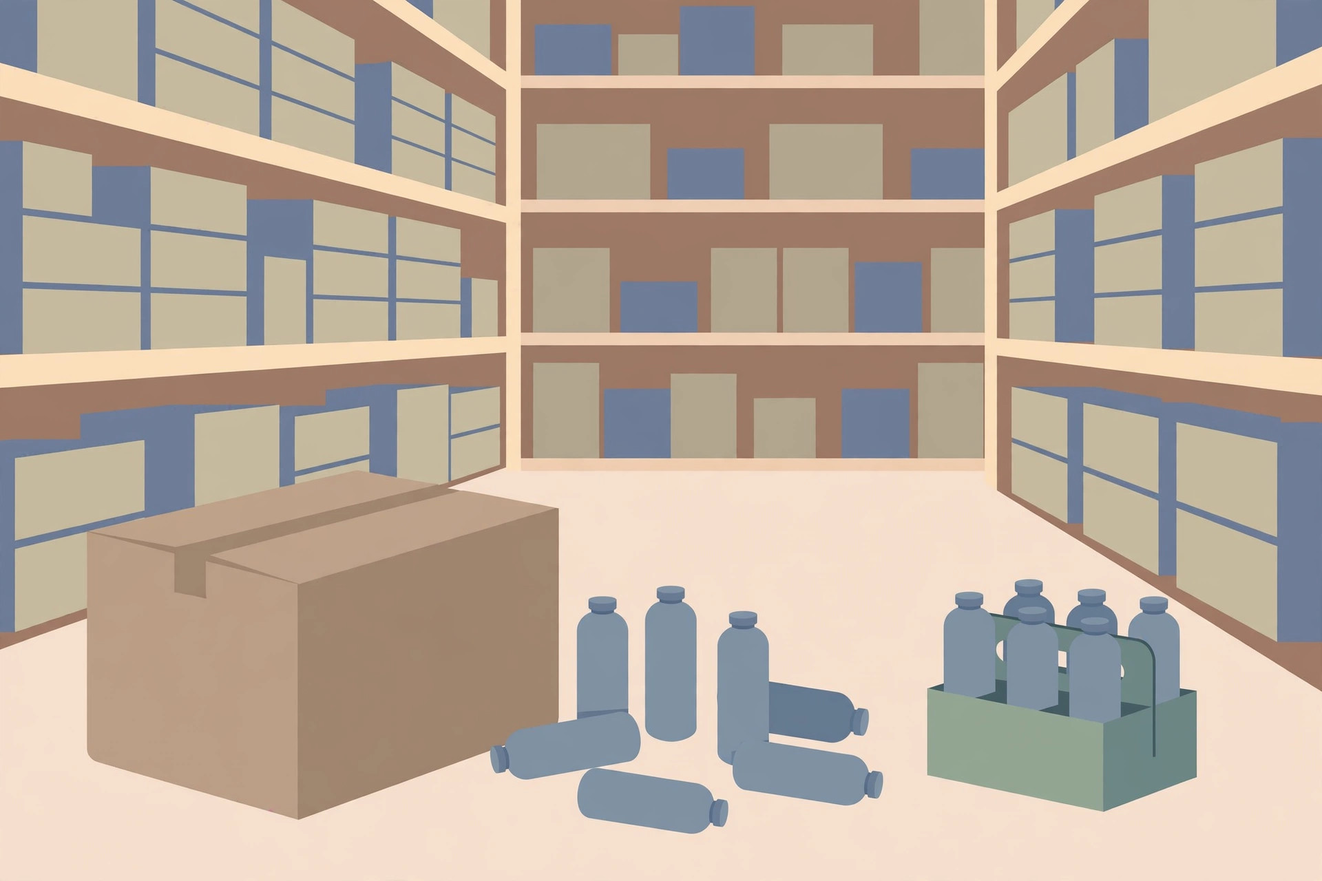 Warehouse aisle with a large cardboard case, loose individual bottles, and a six-pack bottle carrier on the floor