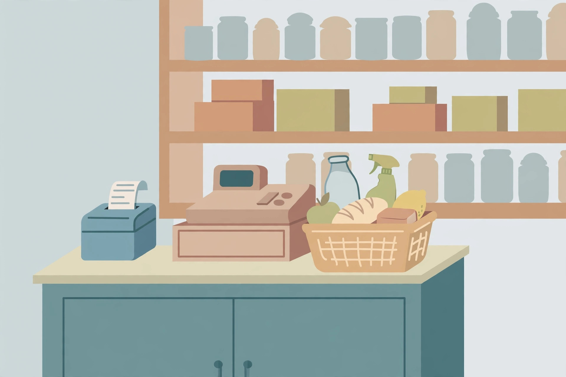 Shop counter with a receipt printer, cash register and a basket of groceries, shelves of jars and boxes behind