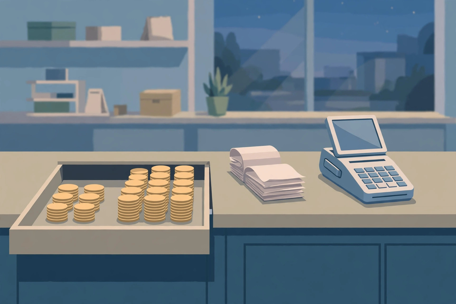 Evening shop counter with a tray of counted coin stacks, a pile of receipts, and a POS terminal beside a dark window